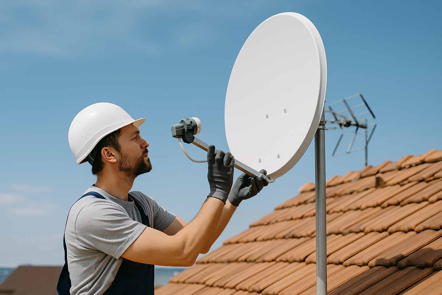 Antenista colocando una antena en el techo de una casa.