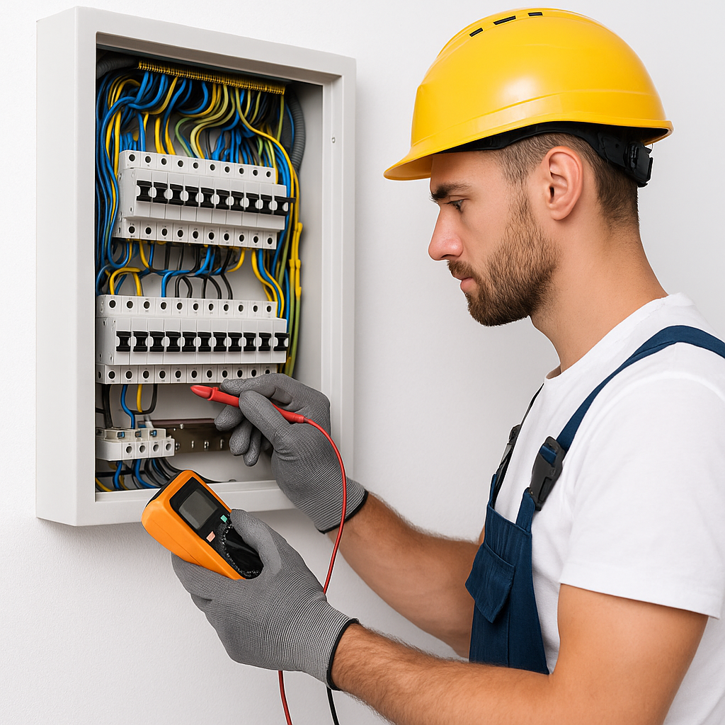 Electricista comprobando un cuadro de luces.